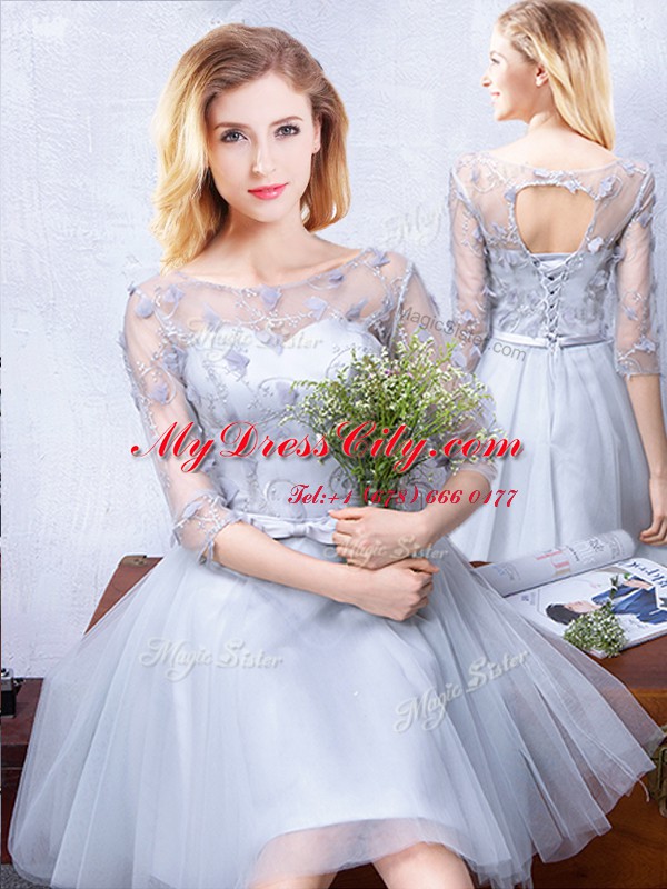 Excellent Grey Bridesmaids Dress Prom and Party and Wedding Party and For with Lace and Appliques and Belt Scoop Half Sleeves Lace Up