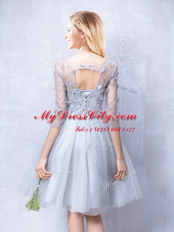 Excellent Grey Bridesmaids Dress Prom and Party and Wedding Party and For with Lace and Appliques and Belt Scoop Half Sleeves Lace Up