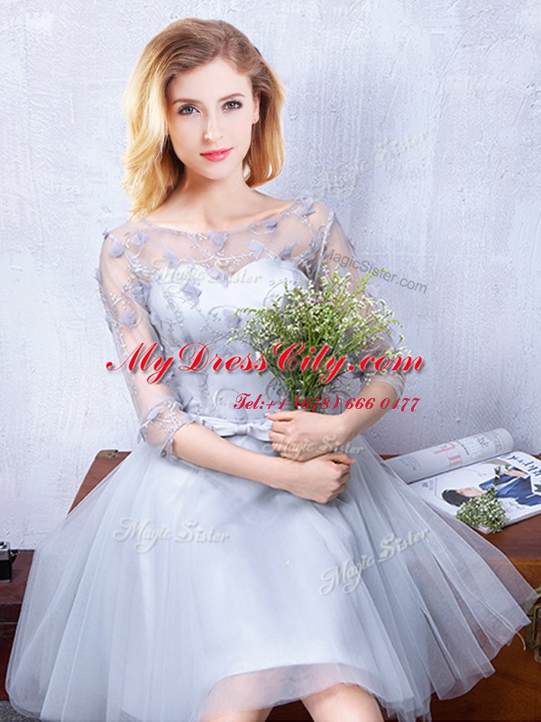 Excellent Grey Bridesmaids Dress Prom and Party and Wedding Party and For with Lace and Appliques and Belt Scoop Half Sleeves Lace Up