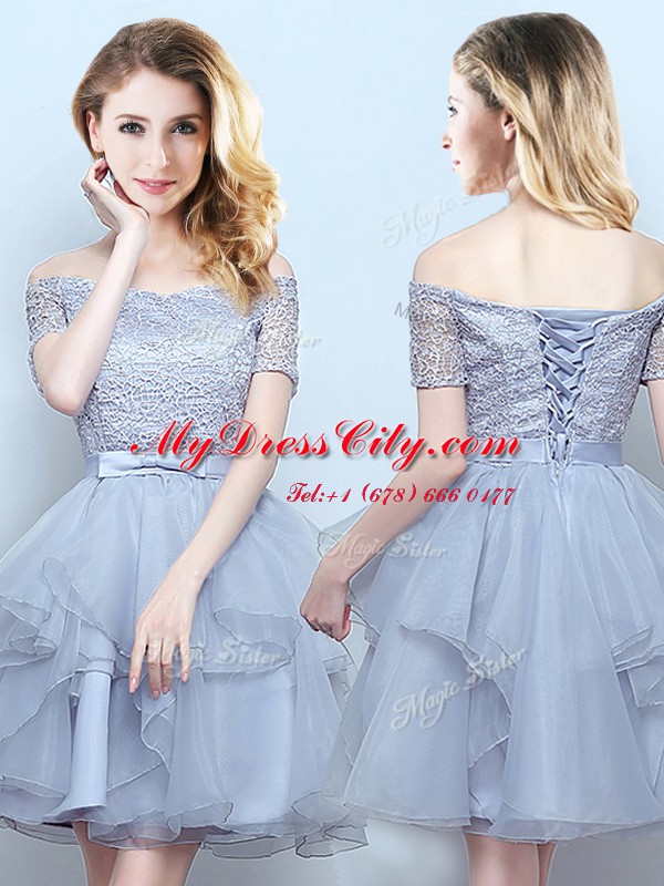 Amazing Off the Shoulder Short Sleeves Mini Length Lace and Ruffles and Belt Lace Up Bridesmaid Gown with Grey