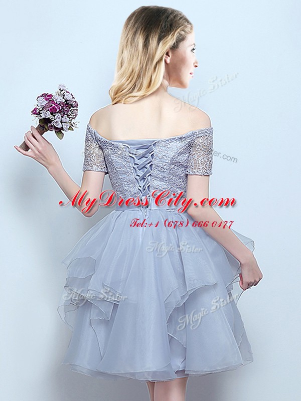 Amazing Off the Shoulder Short Sleeves Mini Length Lace and Ruffles and Belt Lace Up Bridesmaid Gown with Grey