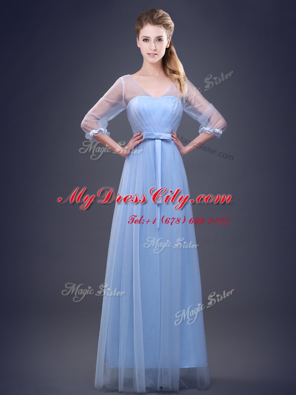 Traditional Light Blue Half Sleeves Floor Length Ruching and Bowknot Lace Up Wedding Guest Dresses