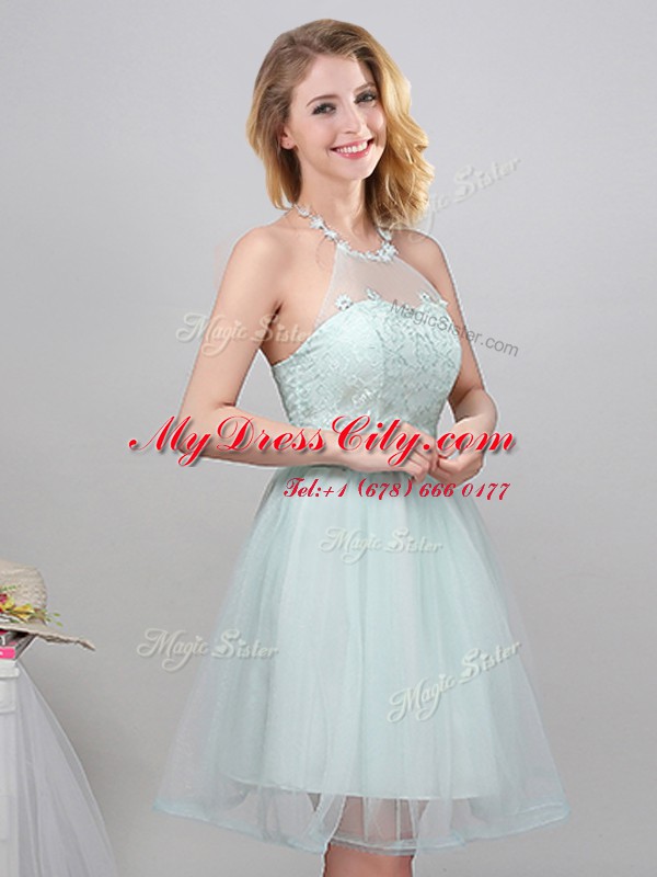 Discount Halter Top Apple Green Lace Up Vestidos de Damas Lace and Appliques and Belt Sleeveless Mini Length