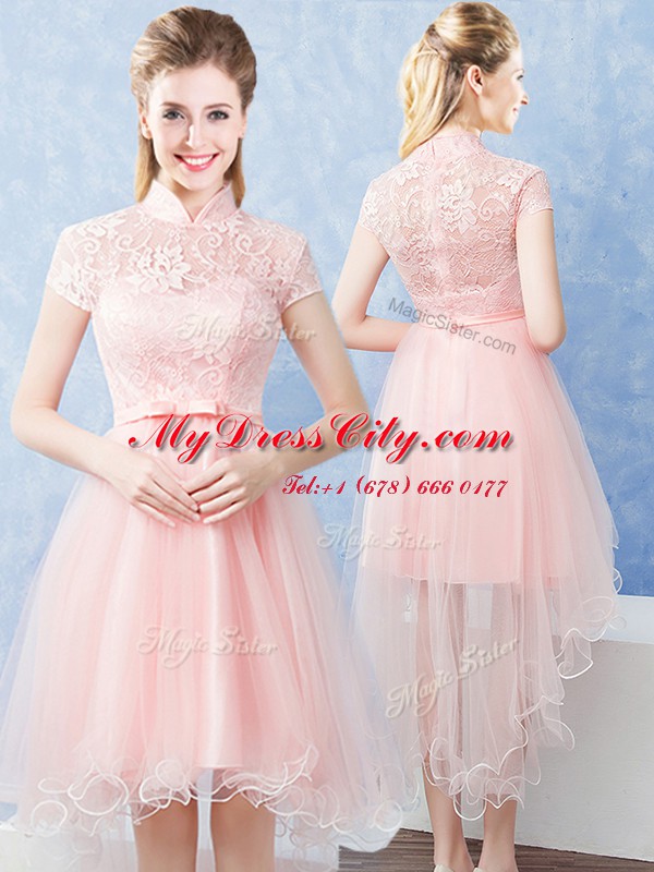 Trendy Lace and Belt Vestidos de Damas Baby Pink Zipper Short Sleeves High Low