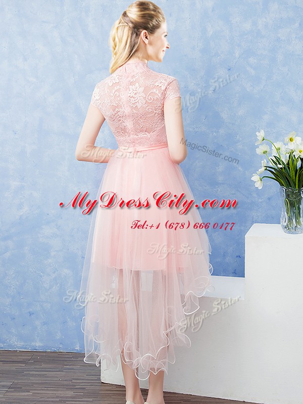 Trendy Lace and Belt Vestidos de Damas Baby Pink Zipper Short Sleeves High Low