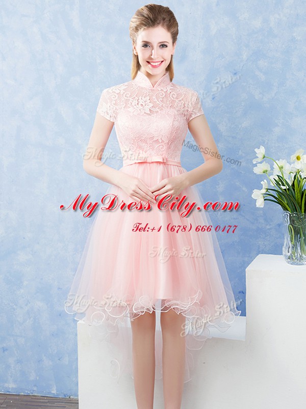 Trendy Lace and Belt Vestidos de Damas Baby Pink Zipper Short Sleeves High Low