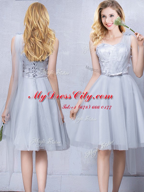 One Shoulder Sleeveless Lace Up Knee Length Lace and Appliques and Belt Bridesmaids Dress