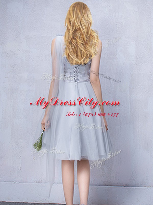 One Shoulder Sleeveless Lace Up Knee Length Lace and Appliques and Belt Bridesmaids Dress