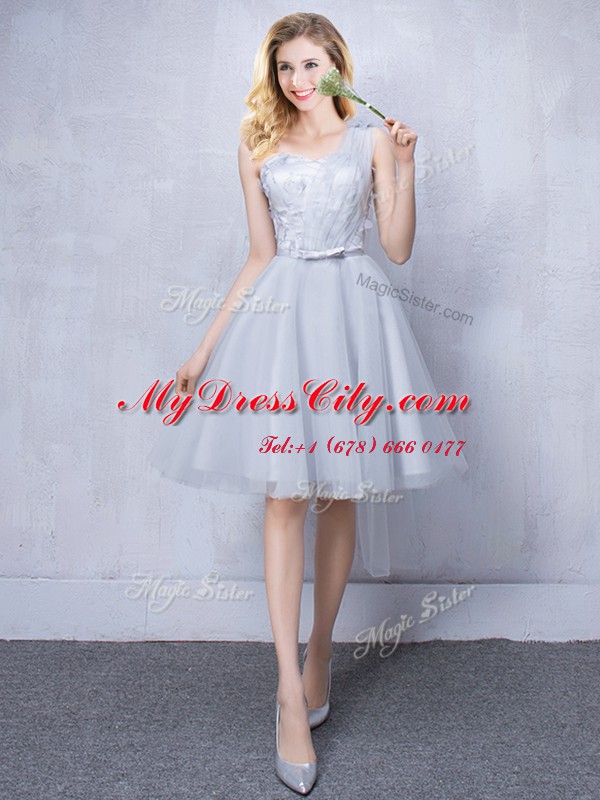 One Shoulder Sleeveless Lace Up Knee Length Lace and Appliques and Belt Bridesmaids Dress