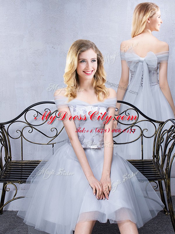 Clearance Short Sleeves Off The Shoulder Sleeveless Lace Up Quinceanera Court of Honor Dress Grey Tulle