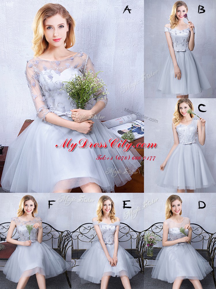 Clearance Short Sleeves Off The Shoulder Sleeveless Lace Up Quinceanera Court of Honor Dress Grey Tulle