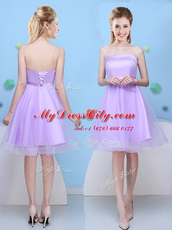 Captivating Lavender Lace Up Bridesmaid Dresses Bowknot Sleeveless Knee Length