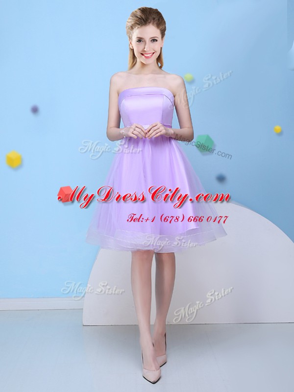 Captivating Lavender Lace Up Bridesmaid Dresses Bowknot Sleeveless Knee Length