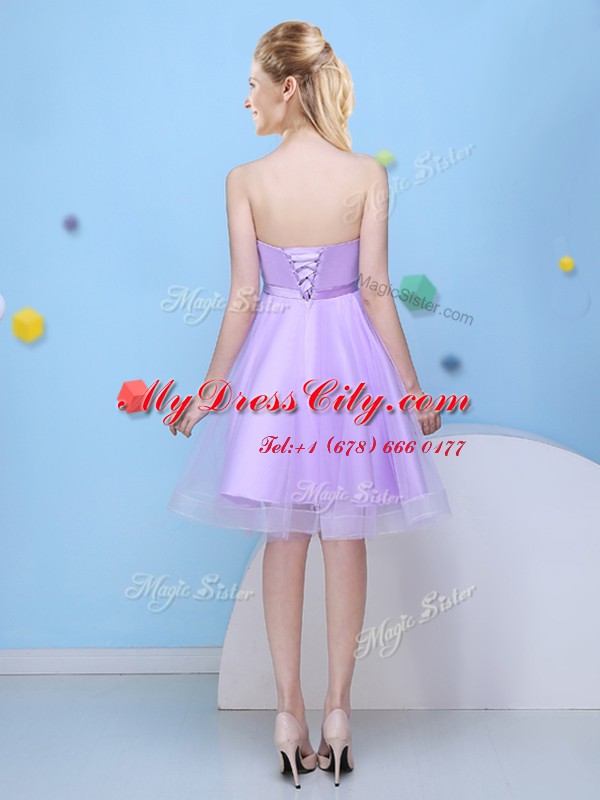 Captivating Lavender Lace Up Bridesmaid Dresses Bowknot Sleeveless Knee Length