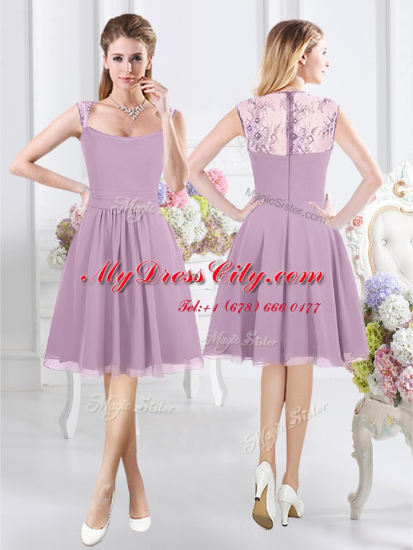 Superior Straps Knee Length Lavender Quinceanera Court of Honor Dress Chiffon Cap Sleeves Lace