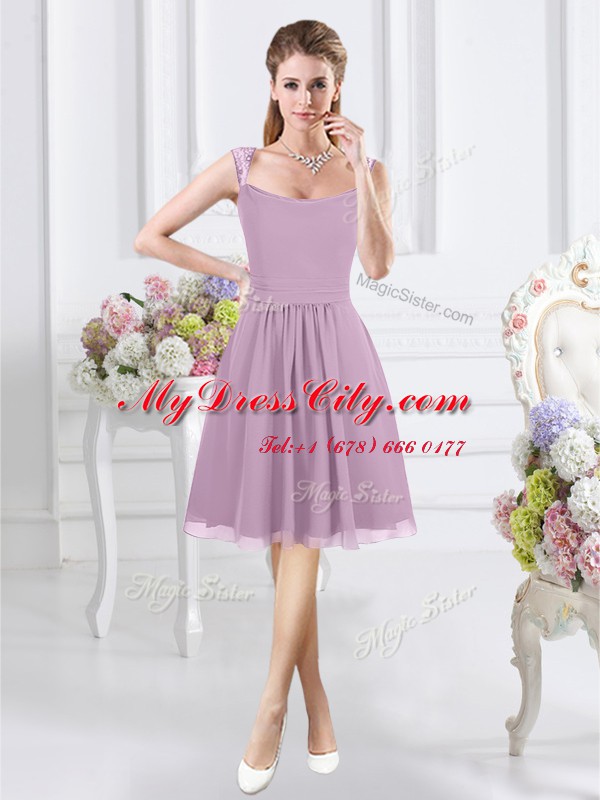 Superior Straps Knee Length Lavender Quinceanera Court of Honor Dress Chiffon Cap Sleeves Lace