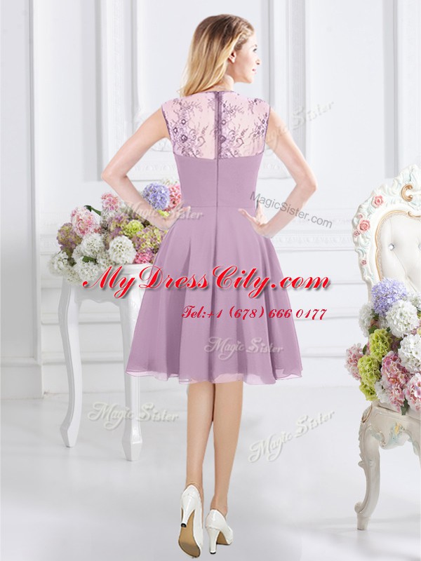 Superior Straps Knee Length Lavender Quinceanera Court of Honor Dress Chiffon Cap Sleeves Lace