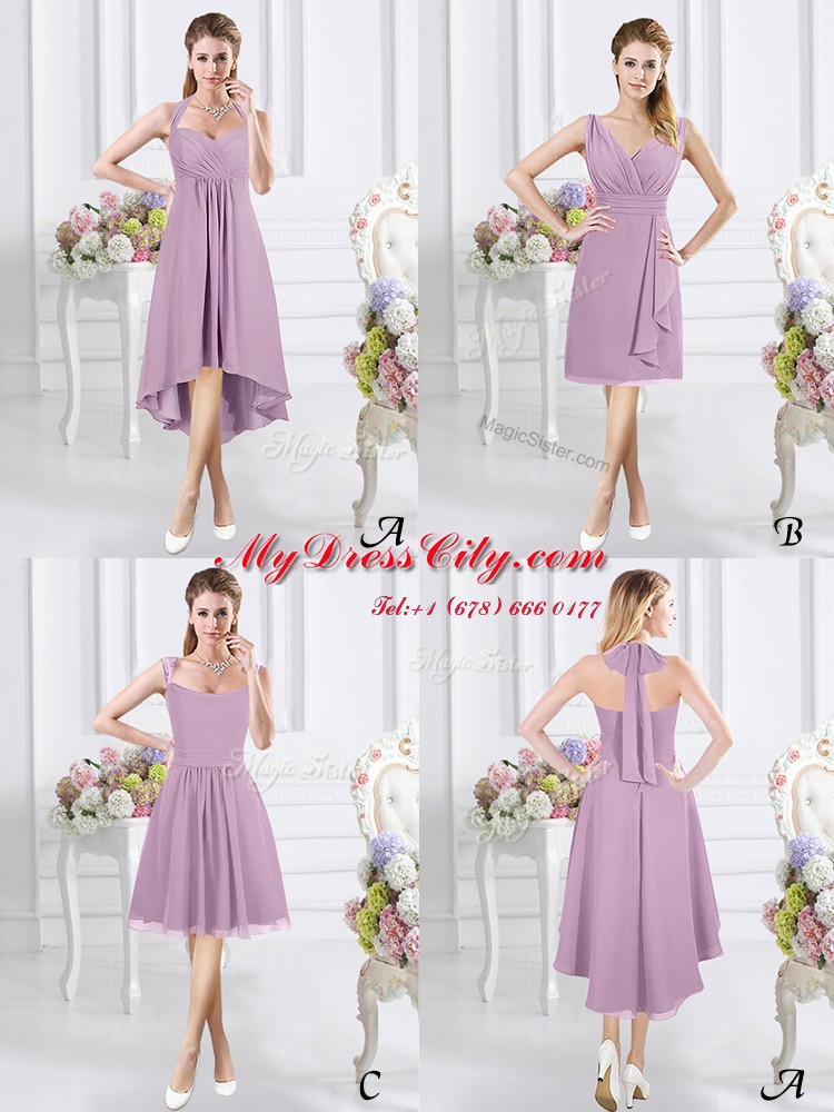 Superior Straps Knee Length Lavender Quinceanera Court of Honor Dress Chiffon Cap Sleeves Lace