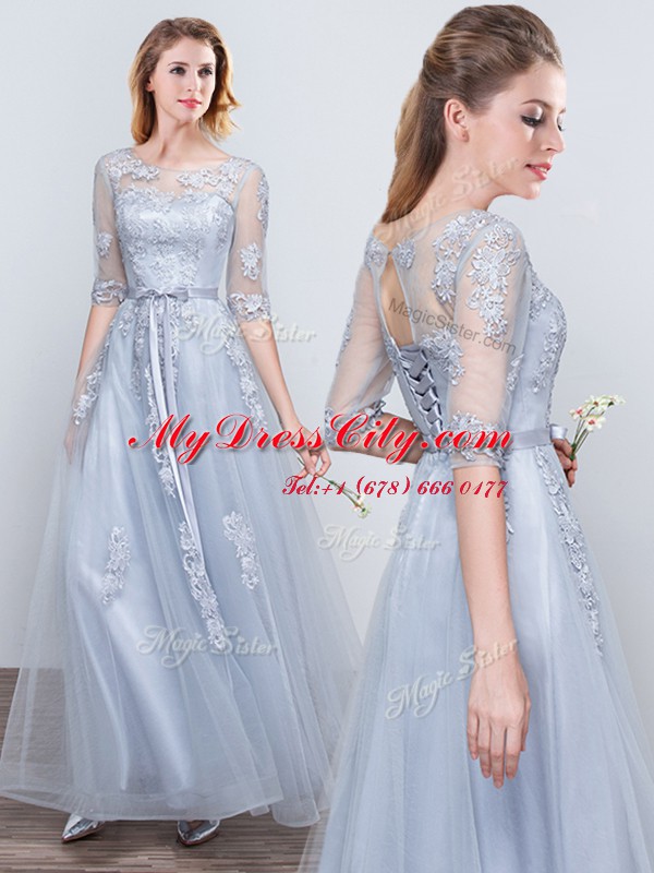 Short Sleeves Grey Scoop Neckline Appliques and Belt Quinceanera Dama Dress Half Sleeves Lace Up