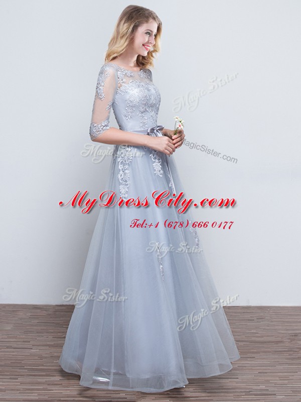 Short Sleeves Grey Scoop Neckline Appliques and Belt Quinceanera Dama Dress Half Sleeves Lace Up