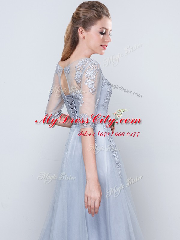 Short Sleeves Grey Scoop Neckline Appliques and Belt Quinceanera Dama Dress Half Sleeves Lace Up