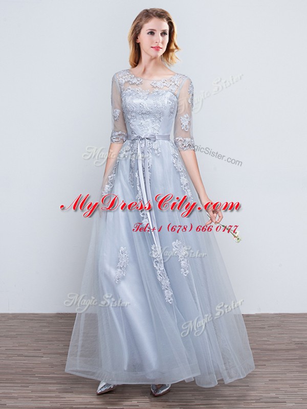 Short Sleeves Grey Scoop Neckline Appliques and Belt Quinceanera Dama Dress Half Sleeves Lace Up