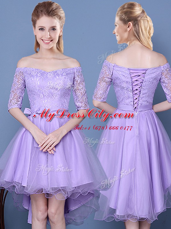 Luxury Off the Shoulder Half Sleeves Tulle High Low Lace Up Quinceanera Court of Honor Dress in Lavender with Lace and Bowknot and Belt