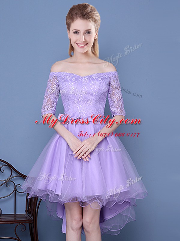 Luxury Off the Shoulder Half Sleeves Tulle High Low Lace Up Quinceanera Court of Honor Dress in Lavender with Lace and Bowknot and Belt