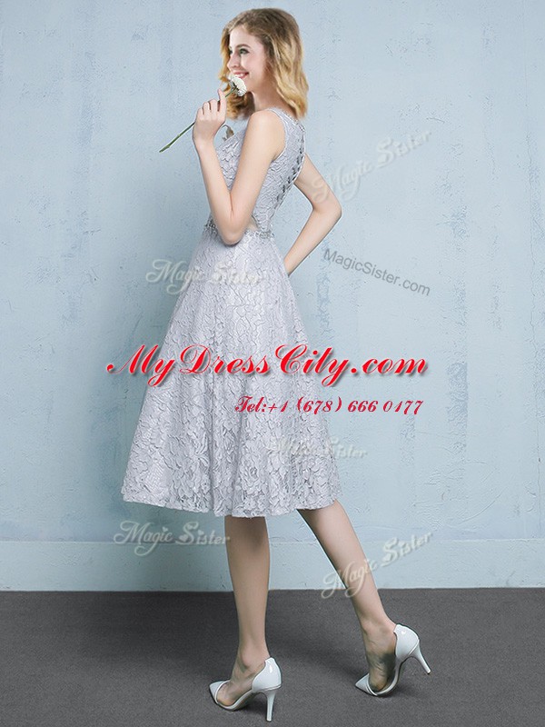 Noble Scoop Knee Length Lace Up Dama Dress Grey for Prom and Party and Wedding Party with Beading