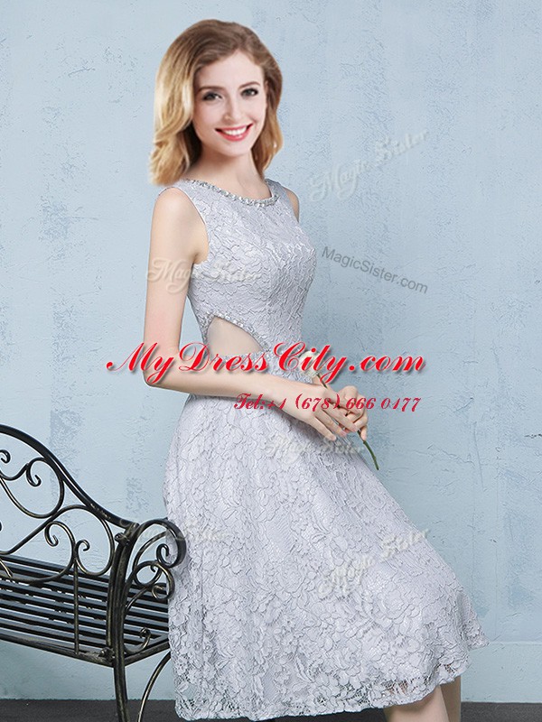 Noble Scoop Knee Length Lace Up Dama Dress Grey for Prom and Party and Wedding Party with Beading