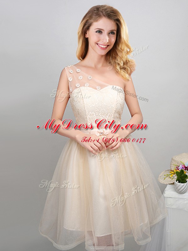 Extravagant Off the Shoulder Champagne Sleeveless Mini Length Lace and Appliques and Belt Lace Up Bridesmaids Dress