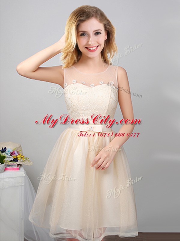 Extravagant Off the Shoulder Champagne Sleeveless Mini Length Lace and Appliques and Belt Lace Up Bridesmaids Dress