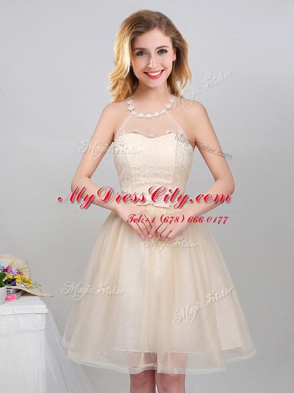 Extravagant Off the Shoulder Champagne Sleeveless Mini Length Lace and Appliques and Belt Lace Up Bridesmaids Dress