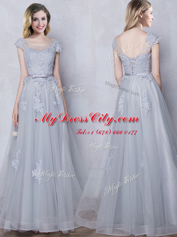 Captivating Grey Empire Scoop Cap Sleeves Tulle Floor Length Lace Up Lace and Appliques and Belt Court Dresses for Sweet 16