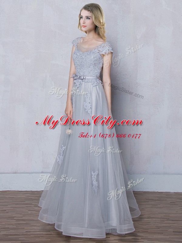 Captivating Grey Empire Scoop Cap Sleeves Tulle Floor Length Lace Up Lace and Appliques and Belt Court Dresses for Sweet 16