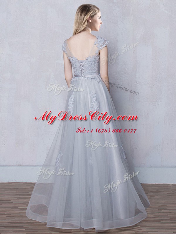 Captivating Grey Empire Scoop Cap Sleeves Tulle Floor Length Lace Up Lace and Appliques and Belt Court Dresses for Sweet 16