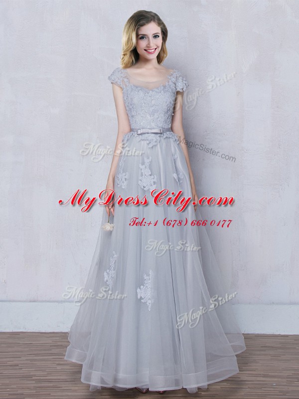 Captivating Grey Empire Scoop Cap Sleeves Tulle Floor Length Lace Up Lace and Appliques and Belt Court Dresses for Sweet 16