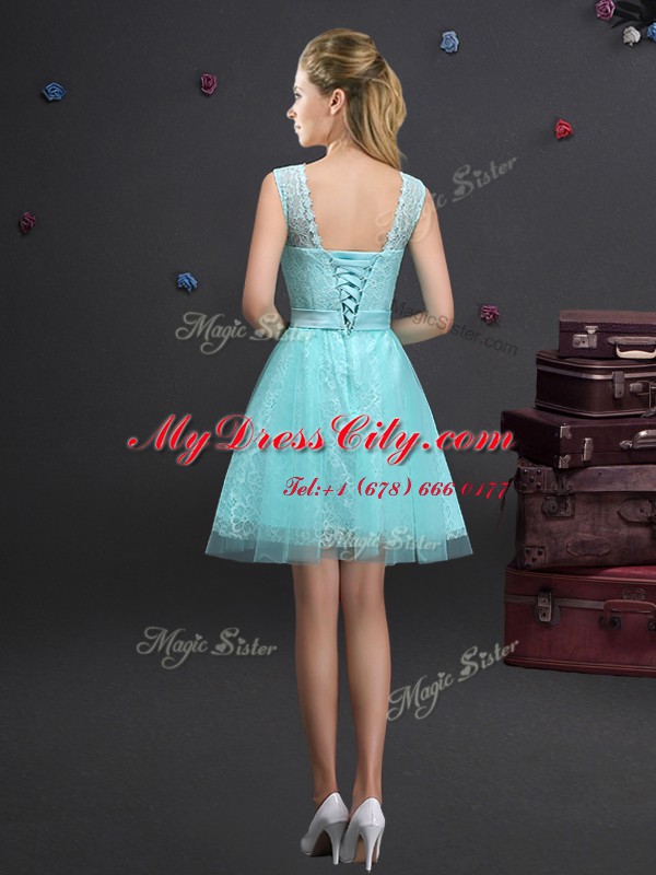 Discount Scoop Aqua Blue Sleeveless Lace and Appliques and Belt Mini Length Bridesmaids Dress