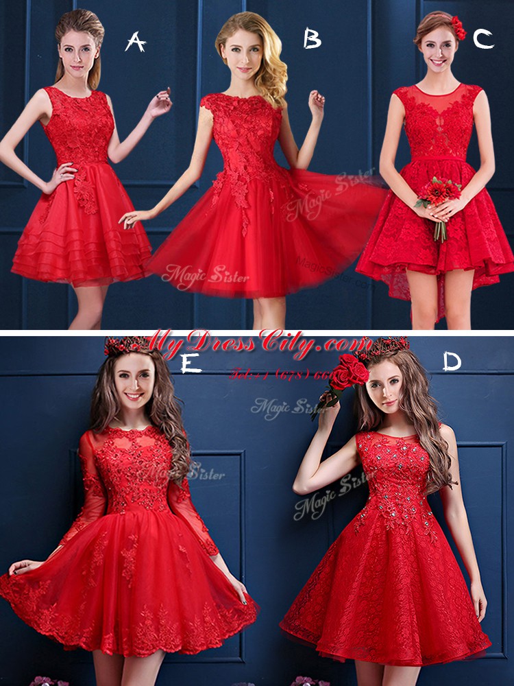 Hot Selling Scoop Lace and Appliques Dama Dress for Quinceanera Red Lace Up Sleeveless Mini Length