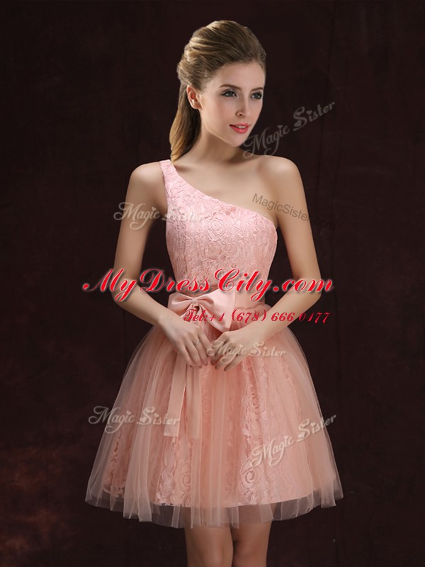 Charming One Shoulder Sleeveless Mini Length Lace and Bowknot Lace Up Court Dresses for Sweet 16 with Peach