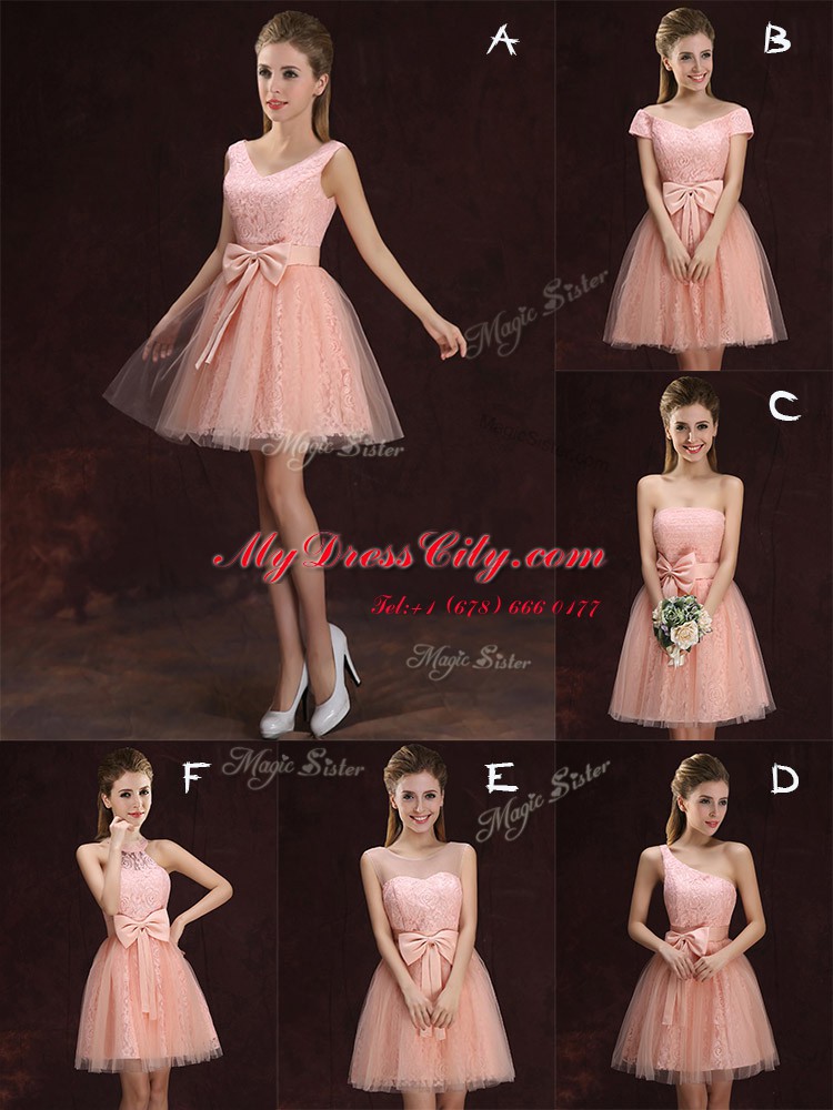 Charming One Shoulder Sleeveless Mini Length Lace and Bowknot Lace Up Court Dresses for Sweet 16 with Peach