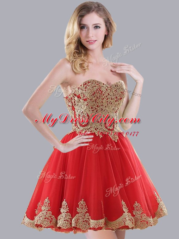 Lovely Mini Length Red Dama Dress for Quinceanera Sweetheart Sleeveless Lace Up