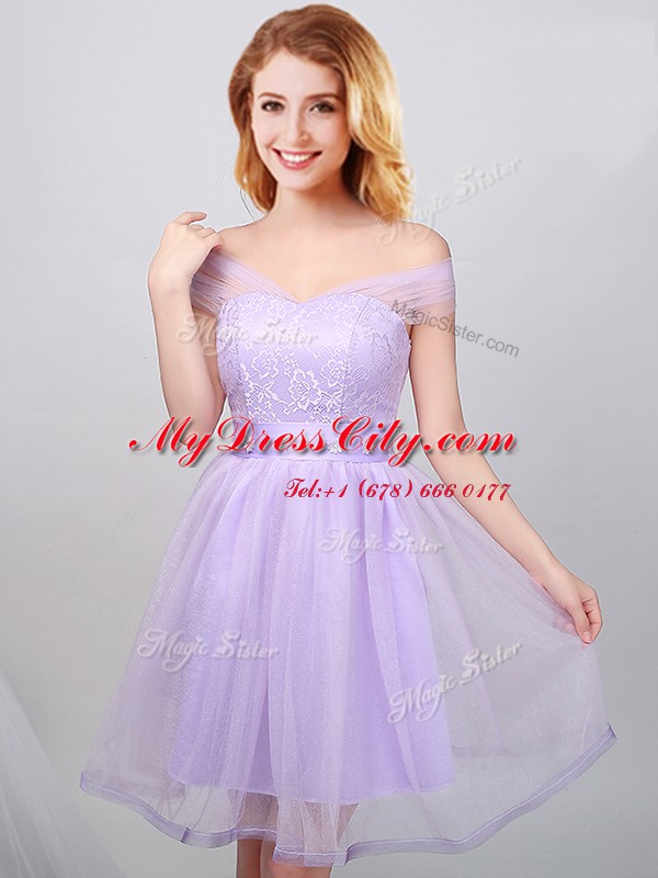 Inexpensive Lavender Lace Up Off The Shoulder Lace and Appliques and Belt Bridesmaid Gown Tulle Short Sleeves