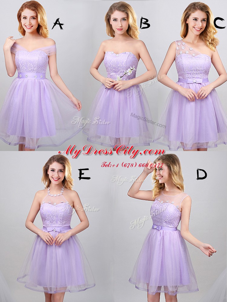 Inexpensive Lavender Lace Up Off The Shoulder Lace and Appliques and Belt Bridesmaid Gown Tulle Short Sleeves