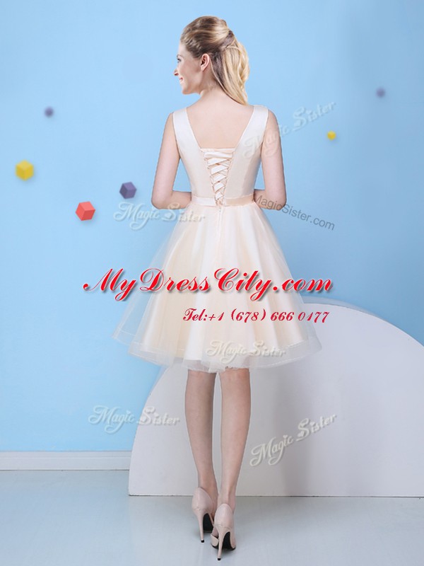 Fine Scoop Sleeveless Lace Up Quinceanera Dama Dress Champagne Tulle