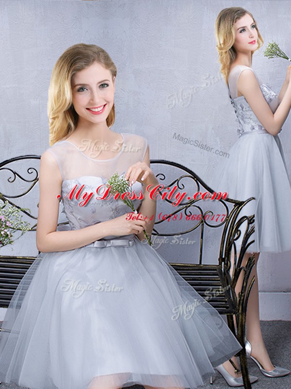 Exceptional Grey A-line Scoop Sleeveless Tulle Knee Length Lace Up Lace and Appliques and Belt Court Dresses for Sweet 16