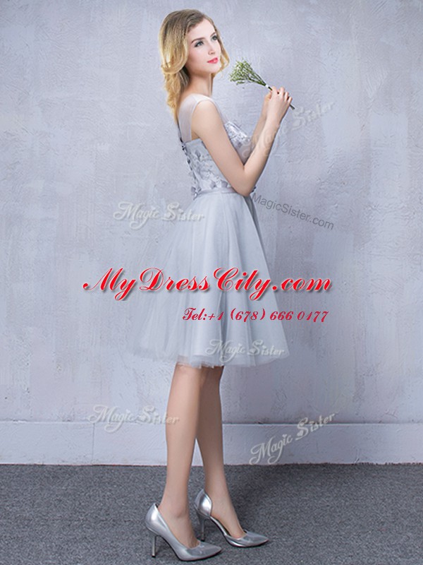 Exceptional Grey A-line Scoop Sleeveless Tulle Knee Length Lace Up Lace and Appliques and Belt Court Dresses for Sweet 16