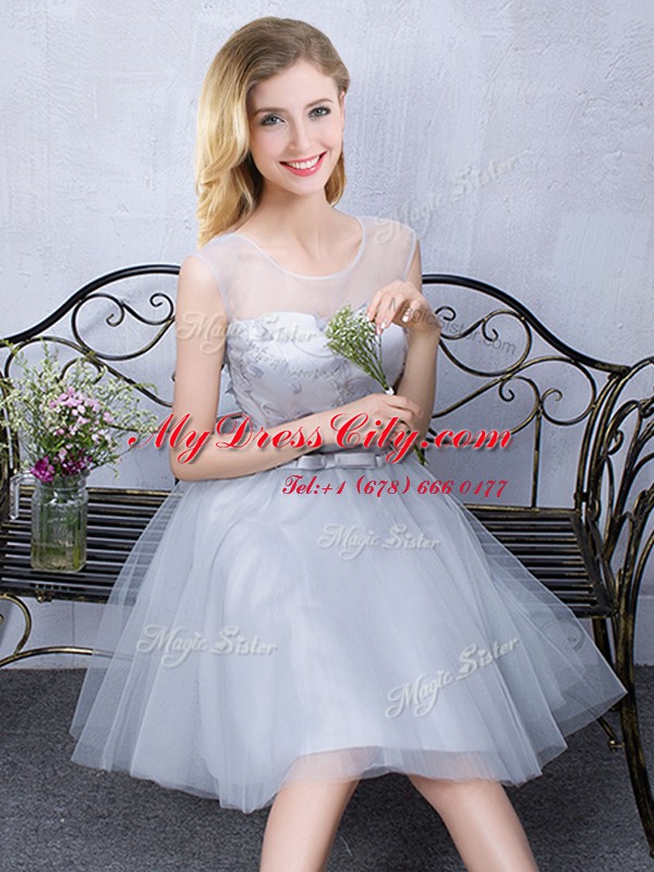 Exceptional Grey A-line Scoop Sleeveless Tulle Knee Length Lace Up Lace and Appliques and Belt Court Dresses for Sweet 16