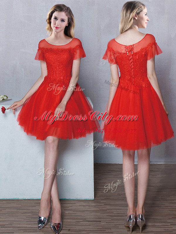 Scoop Red A-line Lace Court Dresses for Sweet 16 Lace Up Tulle Short Sleeves Mini Length