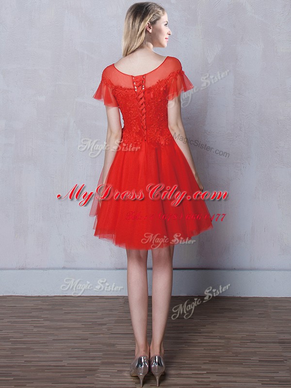 Scoop Red A-line Lace Court Dresses for Sweet 16 Lace Up Tulle Short Sleeves Mini Length